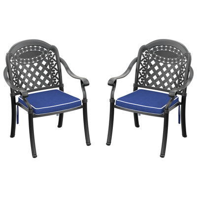 Chaise de patio en fonte d'aluminium 2 pièces avec structure et coussins noirs