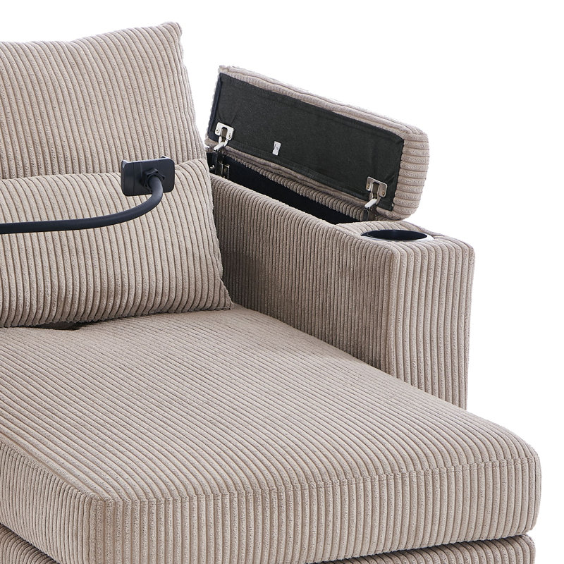 Chaise longue convertible en velours côtelé avec port USB, porte-gobelets et accoudoirs de rangement, avec dossier mobile et support pour téléphone