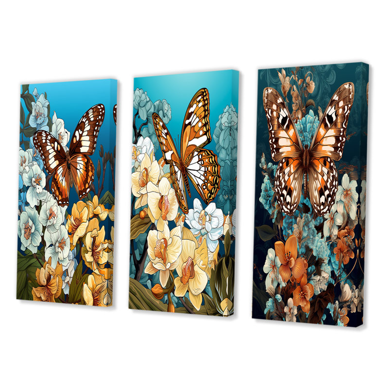 Gracious Brown Butterfly On Orchids Retro - Animals Butterfly Art Set Of 3 Pieces, Toile tendue, H 40 po x l 60 po