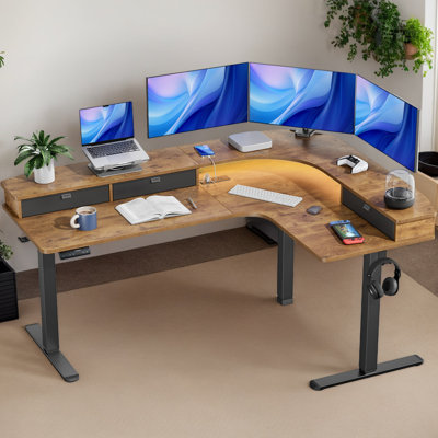 Bureau en L à hauteur réglable de 63 po avec 3 tiroirs, bureau pour bureau à domicile