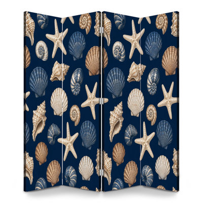 4 Panels Folding Screen Room Divider Royal Seashell Starfish Dark Blue Canvas Screen Room Separator Freestanding Protective Wall Divider Privacy Partition