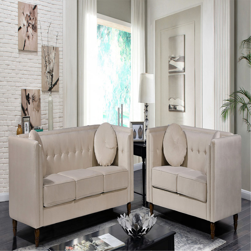 Canapé 2 places Chesterfield, Velours ivoire
