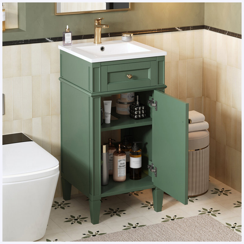 Ensemble de meuble-lavabo autoportant de 16 po de style français avec lavabo en céramique, ensemble de meuble-lavabo simple avec porte à fermeture douce, tablette réglable et pieds pleins