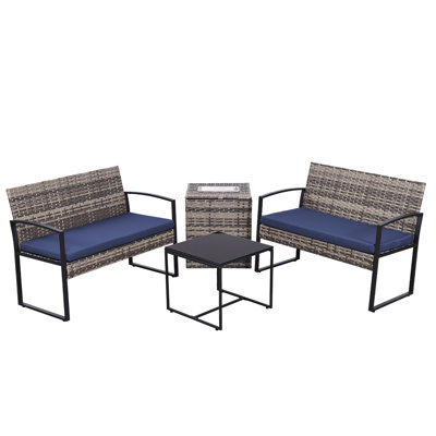 Patio Furniture Set W/removable Ice Bucket Storage Box - Pe Rattan All Weather Outdoor Conversation Set W/cushioned Benches & Glass Top Table For Back by Ebern Designs