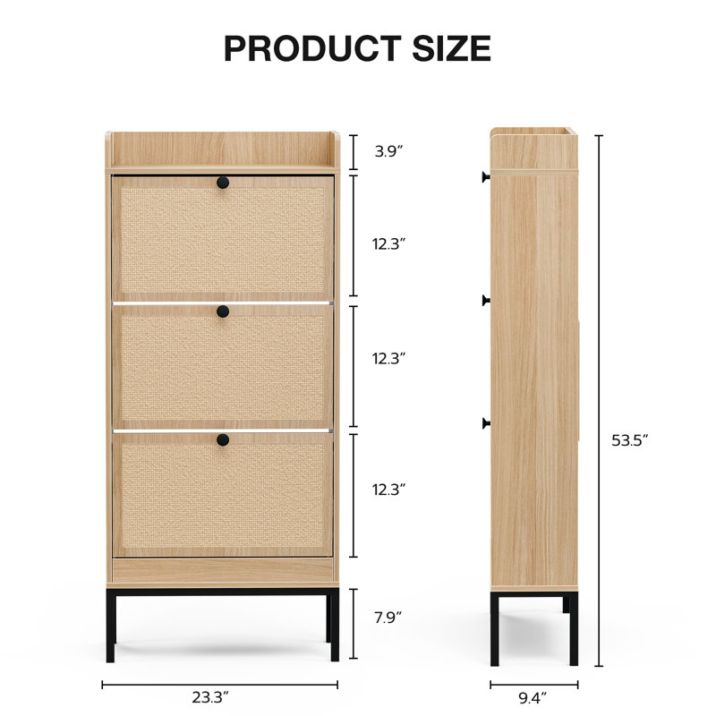 Armoire de rangement à chaussures en rotin naturel avec 3 tiroirs rabattables, Bois de chêne