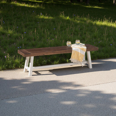 Banc de salle à manger en bois d'acacia brun foncé au fini sablé foncé avec structure en métal rustique blanc