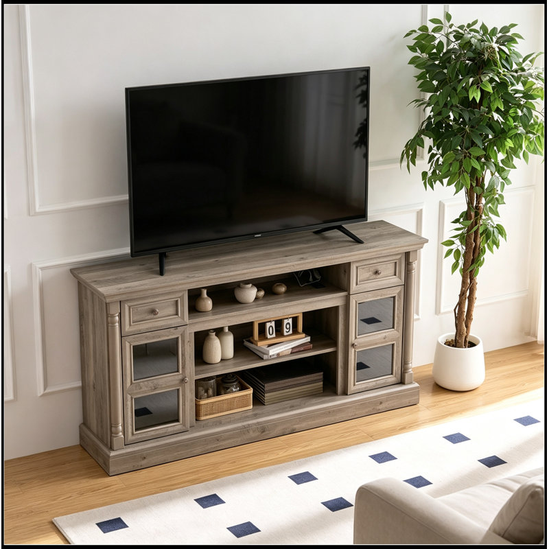 Meuble télé avec éclairage DEL, 2 portes, 2 tiroirs et tablette ouverte, Brun