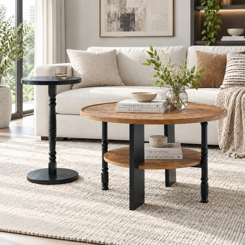 Ensemble de 2 tables basses rondes avec tablette de rangement et table d'appoint sur pied