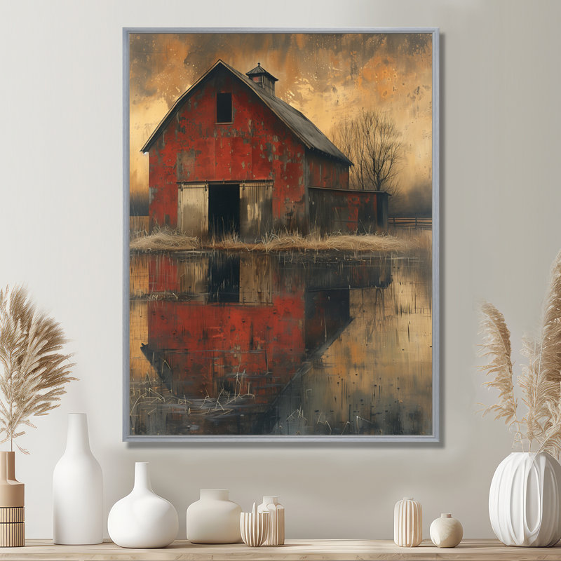 Ancienne grange rétro rouge brun rétro - Art mural de grange, Toile argentée avec cadre flottant, H 32 po x l 16 po x P 1 po