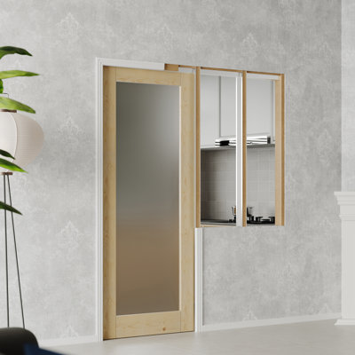 Sliding Pocket Door With Soft Closer - 1 Lite Frosted Glass Panel Natural Wood MDF Sliding Interior & Pantry Door(Pocket Door Frame Inclued)