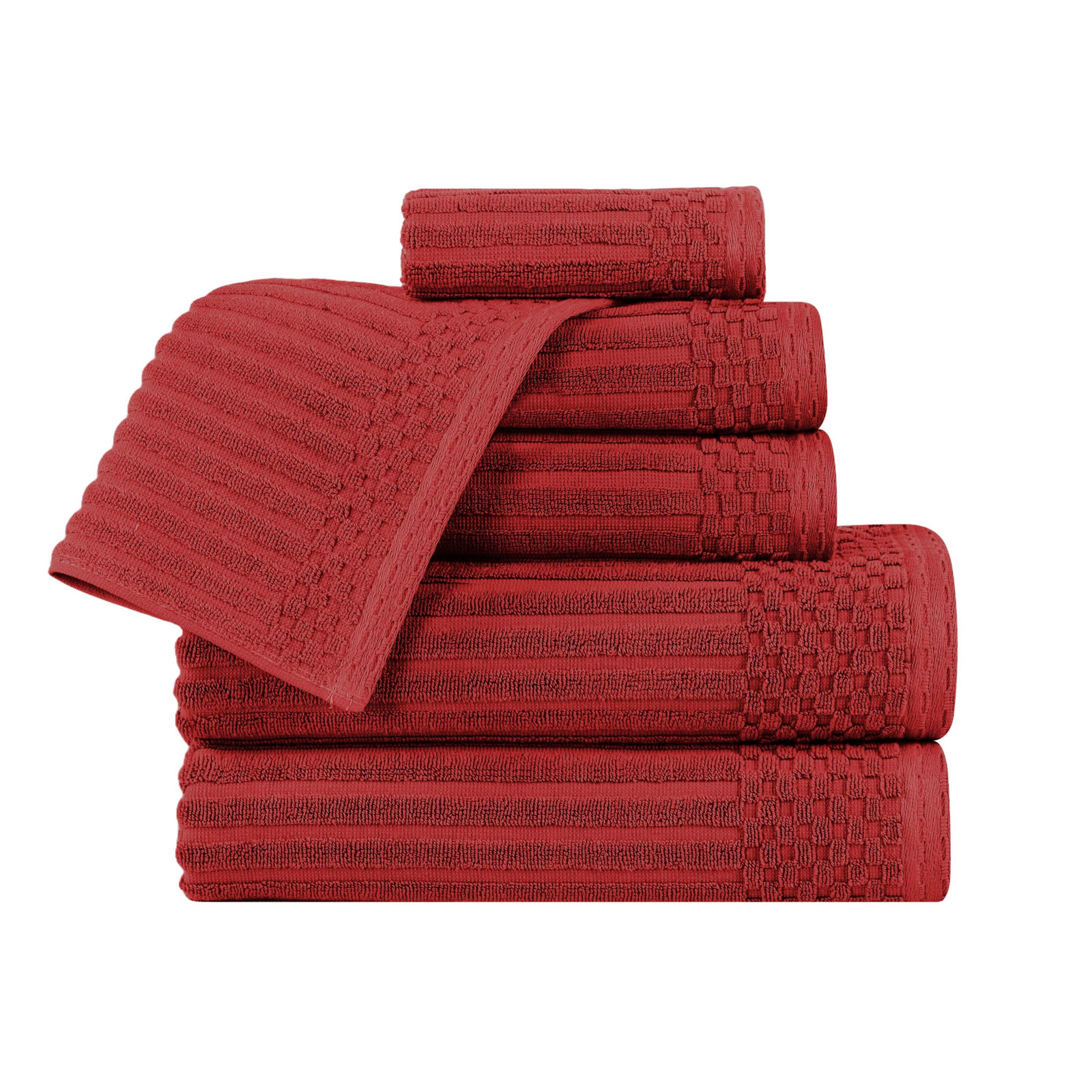 Ruvins Cotton Highly Absorbent 6-Piece Solid and Checkered Border Towel Set, Burgundy