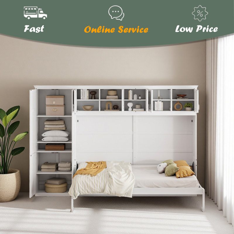 Grand lit escamotable mural avec armoires, Blanc