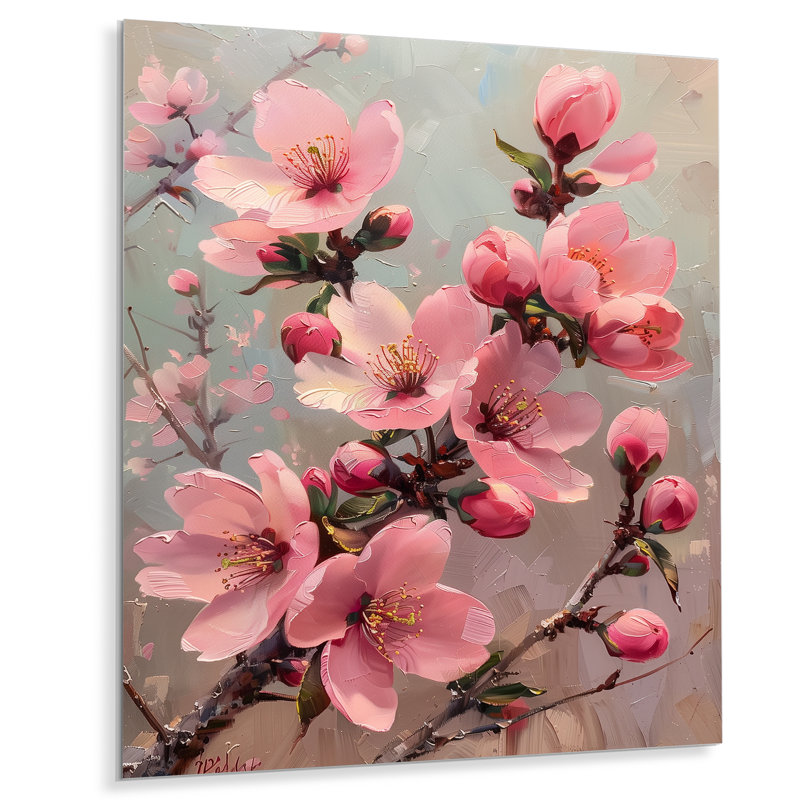 Fleur de cerisier rose et gris, Métal métal, H 44 po x l 34 po