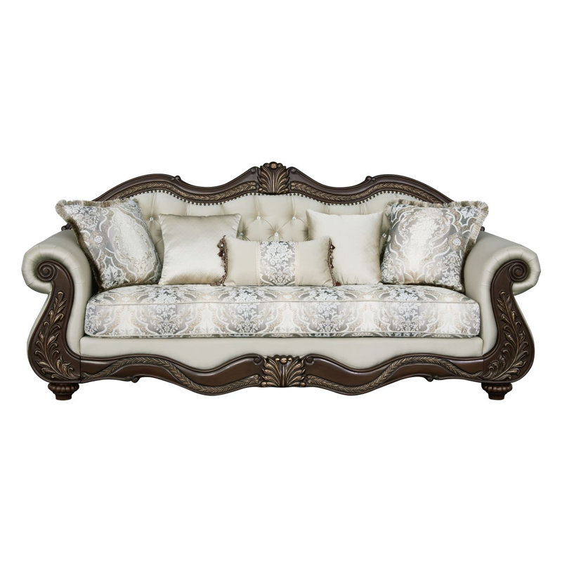 Canapé Pierce en tissu beige et finition cerise avec 5 coussins