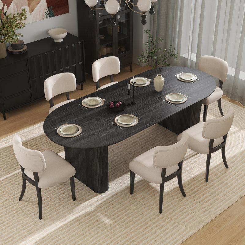 Modern Farmhouse 59.06" to 90.55" Wood Extendable Dining Table Set For Dining Room Kitchen, Black, 7 Pieces: Table, 6 Chairs