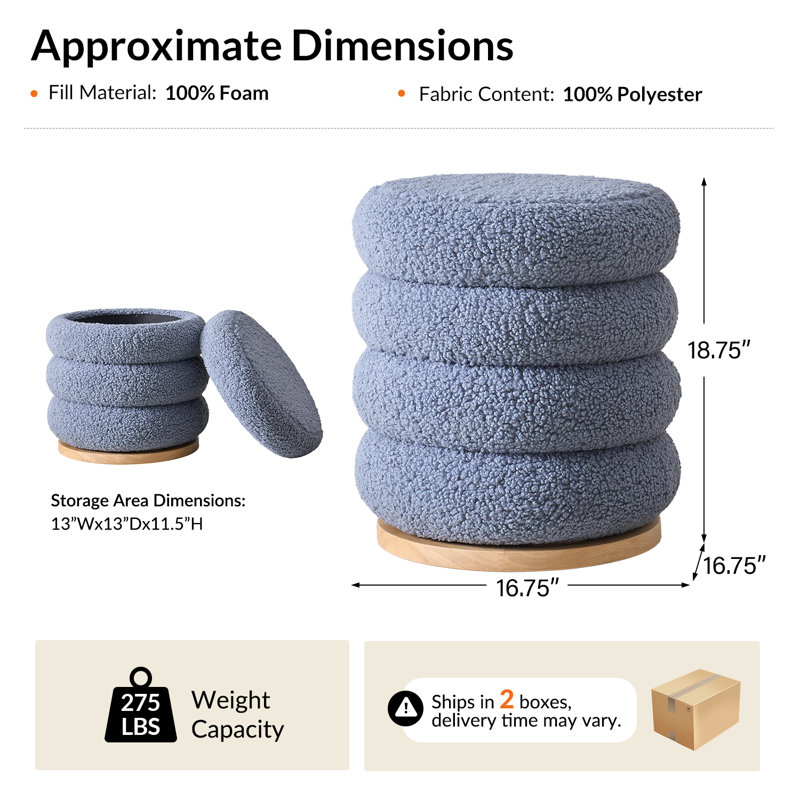 Rosa Modern Storage 360°Swivel Round Ottoman With Solid Wood Base, Blue
