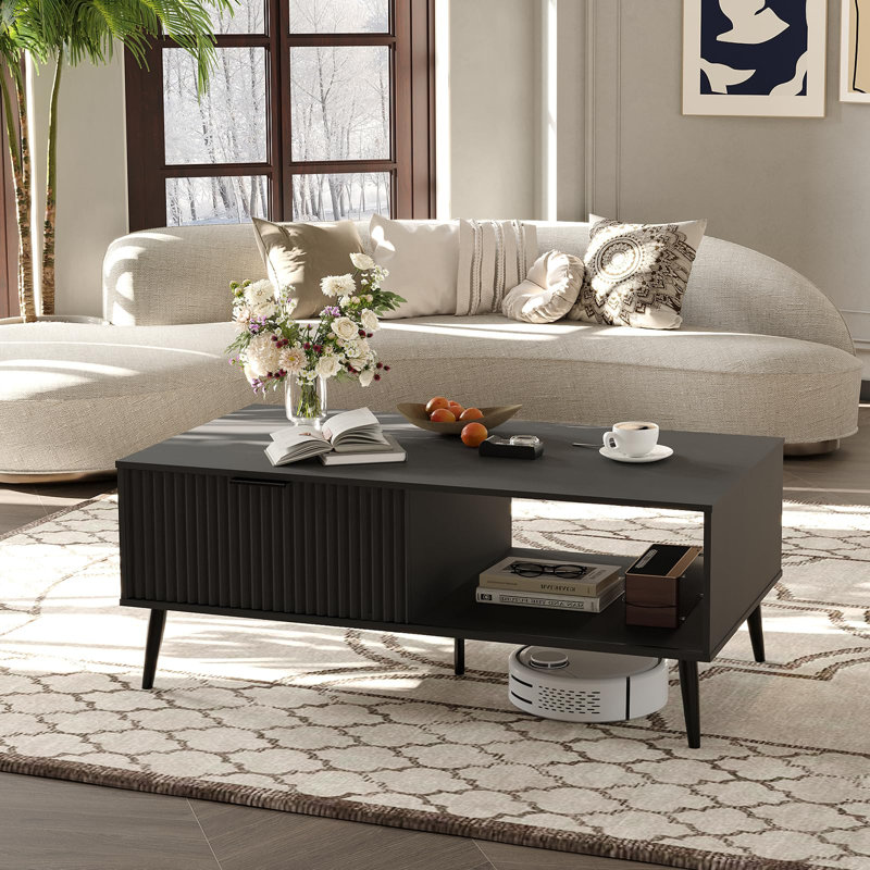Coffee Table With Storage,Rectangular Wooden Coffee Table With Sliding Door And Solid Wood Legs, Black