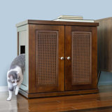 The Refined Litter Box - Wood Cat Litter Box Enclosure Cabinet With Drawer, Cane Style