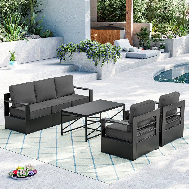 4-Piece Modern Aluminum Outdoor Patio Furniture Set with Grey Cushions and Coffee Table, Dark Gray