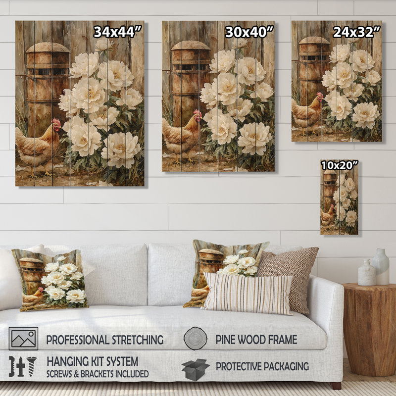 Farm Peonies At The Chicken Feeder I - Peonies Wood Wall Art - On Natural Pine Wood, 32" H x 24" W x 0.78" D