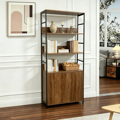 5 Tiers Industrial Bookshelf with Cabinet and Doors, 70.8" Tall Narrow Bookcase with Shelves, Wood Open Display Standing Shelf Organizer with Metal Frames for Living Room, Study, Home Office, brown