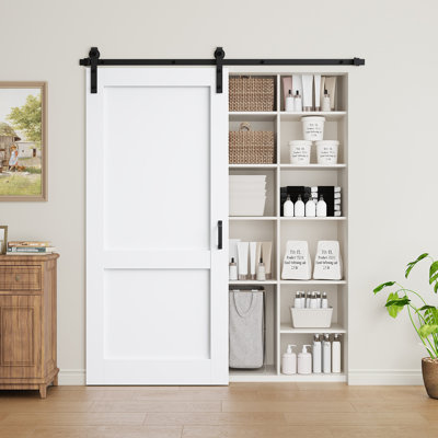Full-assembled Door Panel, Sliding Barn Door White Primer Solid Manufactured Wood Closet Doors With Installation Hardware Kit(Included Soft Close)