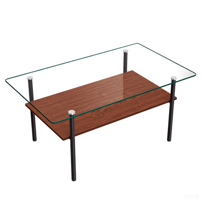 Modern glass coffee table for living room, rectangular tempered glass top, black metal legs with wooden shelf. Easy to clean, stylish center table 38.6 × 22.8 × 17.7 inches