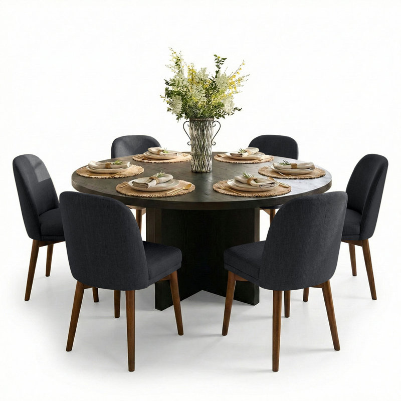 7-Piece Dining Set for 6 with 60" Round Dining Table and 6 Upholstered Dining Chairs, Charcoal