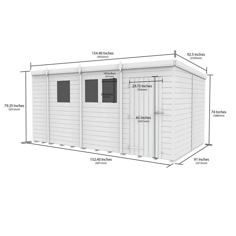 13ft x 8ft Pent Shed - Single Door with Windows