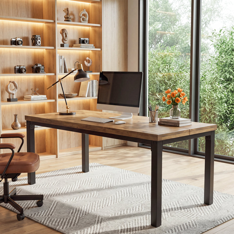 Bureau de direction 70,9 "en bois de pin massif avec pieds en métal, bureau d'ordinateur pour bureau personnel