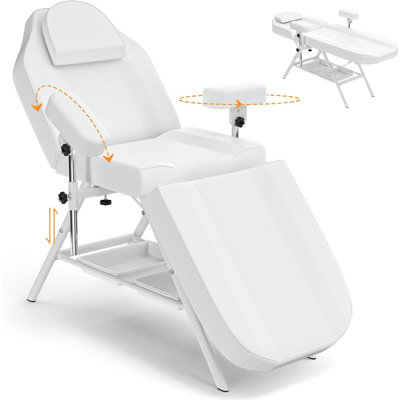 White Tattoo & Facial Bed with Storage, Adjustable Armrest, 440LBS Heavy-Duty