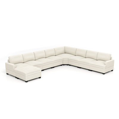 Spacious 9-Piece Corduroy Nailhead-Trimmed Corner Sectional Sofa, Couch With Ottoman