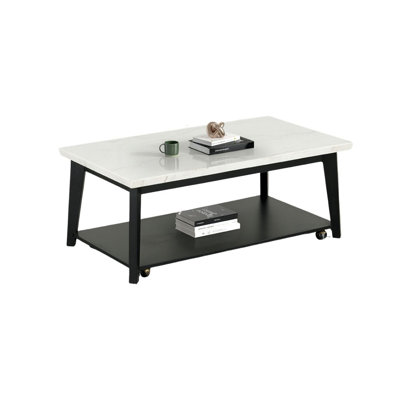 Contemporary Style Rectangle Coffee Table W/ Caster Marble Top Bottom Storage Shelf White And Black Finish (Only Including Table)