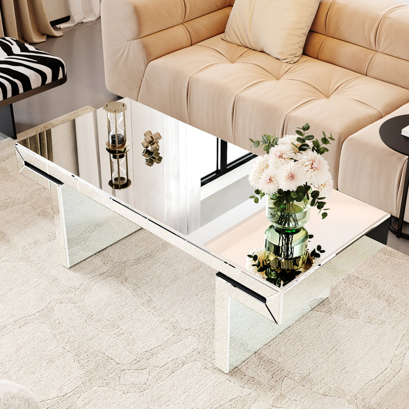 Table basse luxueuse à miroir rectangulaire de 47 pouces, verre trempé cannelé, conception à dossier rabattable, idéale pour les compagnons