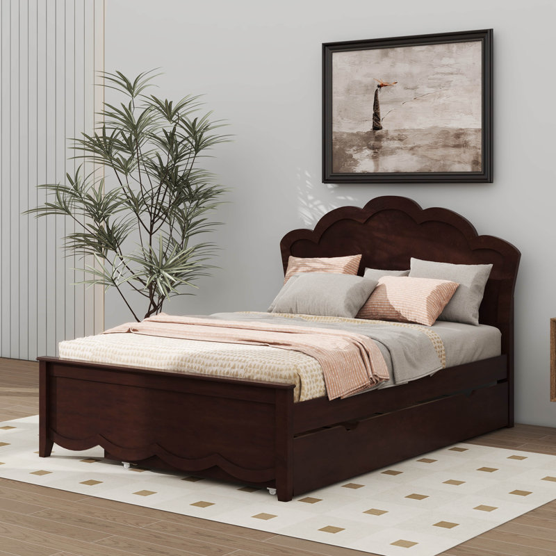 Élégant lit plateforme en bois avec tête de lit à motif floral et lit gigogne caché, Twin, White