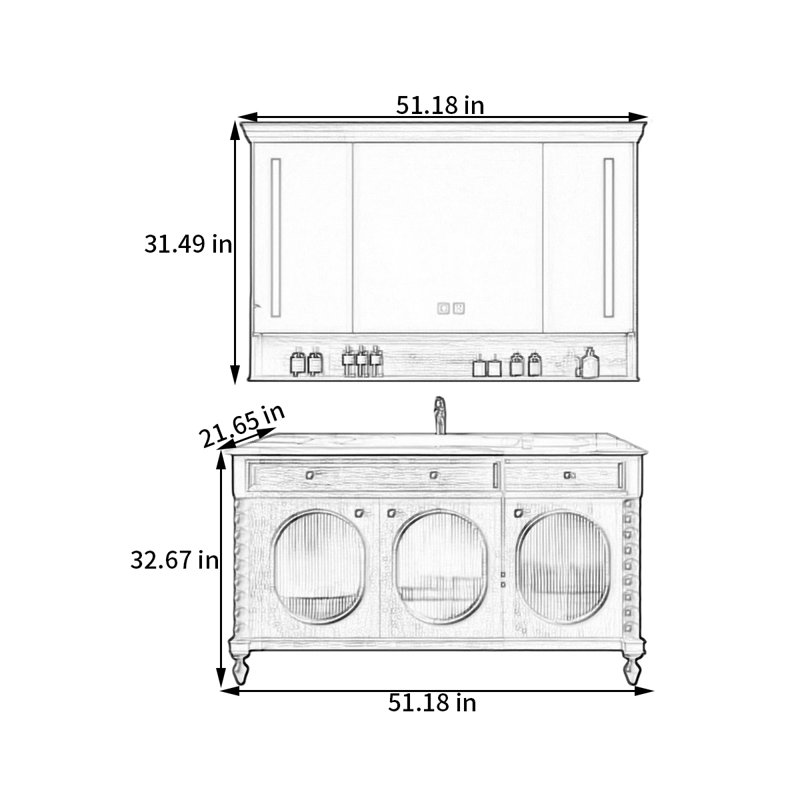 Armoire de salle de bain en pierre de style rétro français de luxe, H 32,67 po x l 51,18 po x P 21,65 po