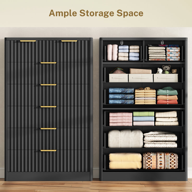 48.03''H Fluted 7 Drawer Dresser For Bedroom, Modern Chest Of Drawers, Wood Closet Clothes Organizer For Bedroom, Hallway, Black