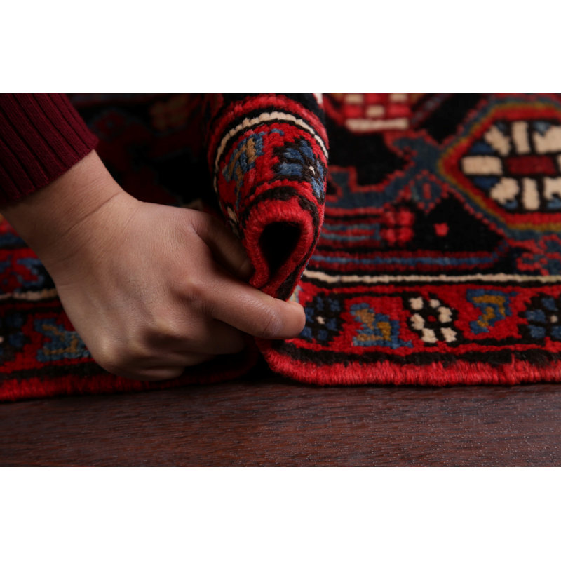 Tapis décoratif en laine rouge/noir 7 pi 4 po x 11 pi 1 po one-of-a-kind noué à la main