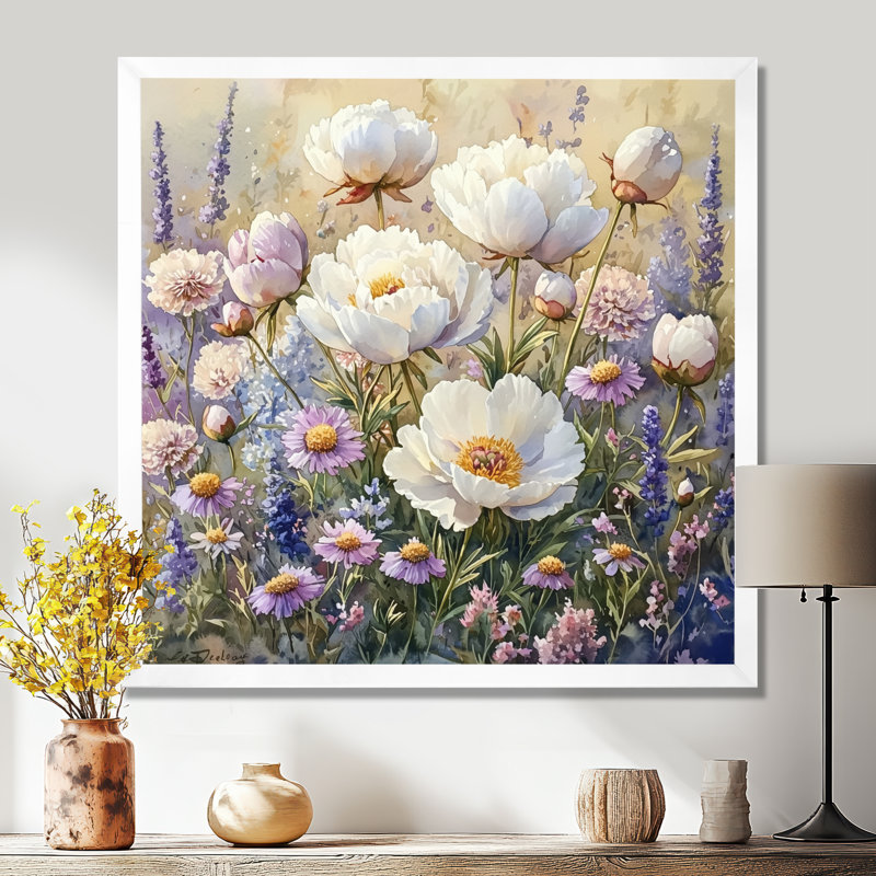 Pivoines dans le champ de fleurs sauvages I - Art mural de pivoines pour le salon, Reproduction encadrée d'une seule photo