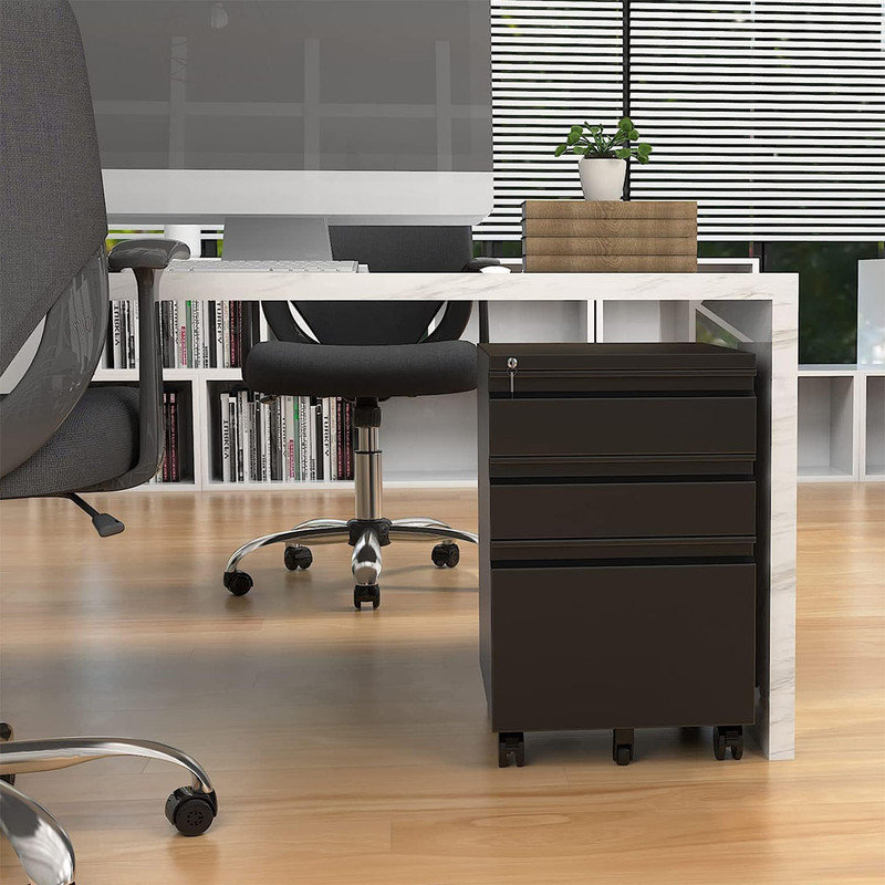 3 Drawer File Cabinet with Lock and Wheels,Black Rolling File Cabinet,Fit A4/Letter/Legal File Stylish & Practical