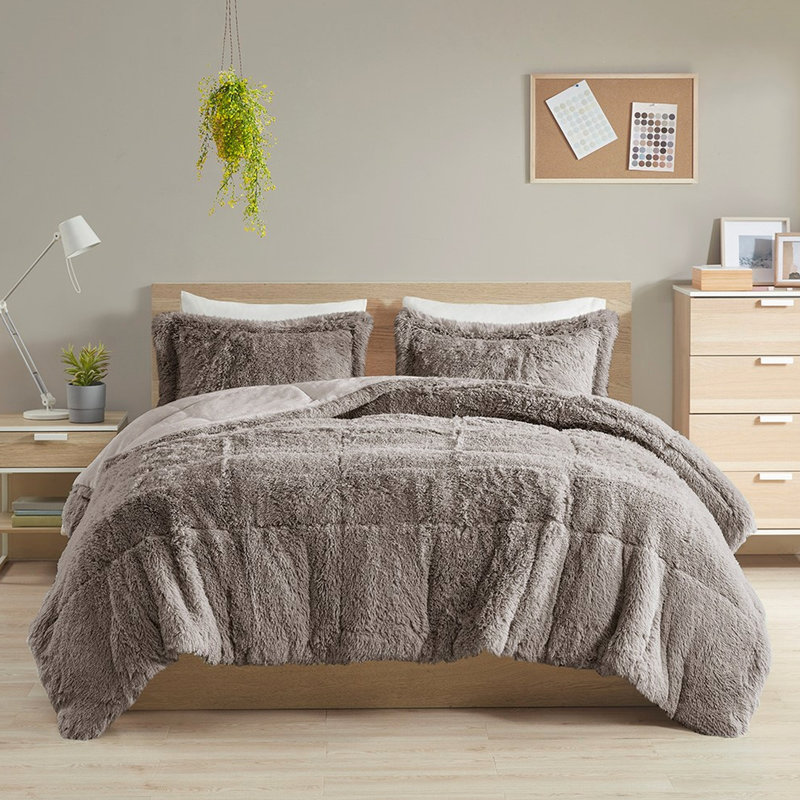 Édredon simple / simple TG - Gris à poils longs, rembourré, revers pour une nuit de sommeil apaisante, nuit de rêve