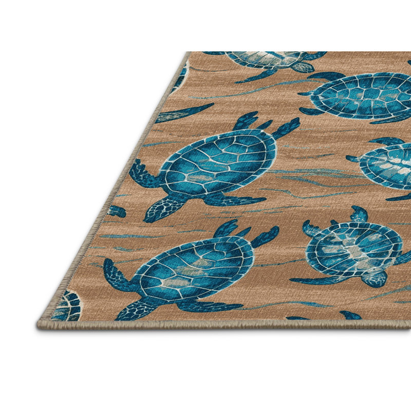 Washable Sea Turtle Migration Coastal Area Rug, Round 6'
