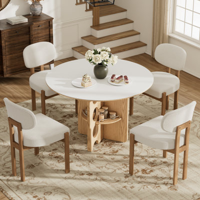 Sintered Stone Round Dining Table Set with Storage Compartments For 2-4 with Solid Wood Dining Chairs