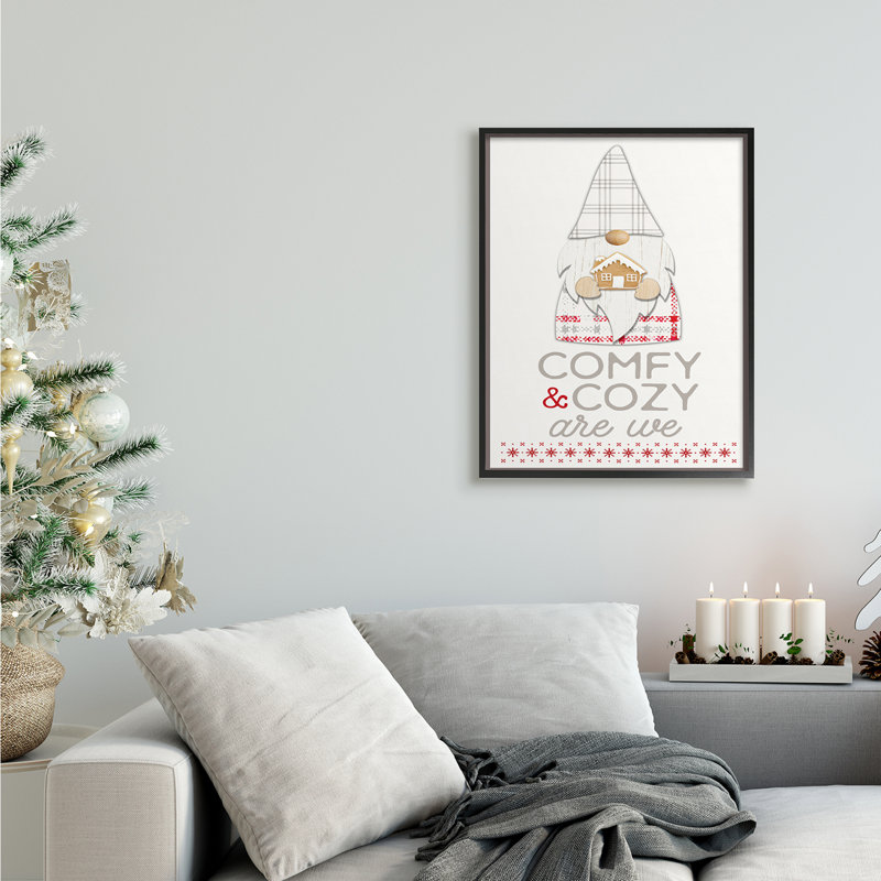 Gnome de Noël à carreaux rouge confortable et confortable, H 30 po x l 24 po, Giclée encadrée noir minuit