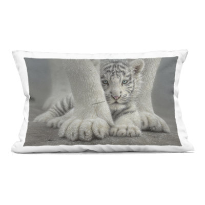 Sheltered White Tiger Cub Decorative Printed Throw Pillow design by Collin Bogle