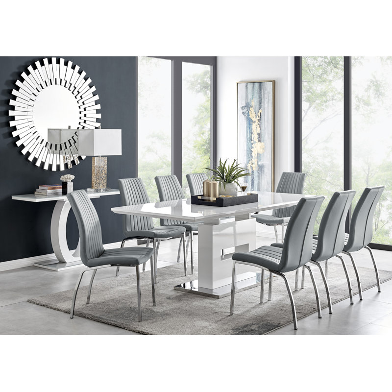Ensemble de table de salle à manger extensible haute brillance Areza avec chaises de luxe en similicuir, gris