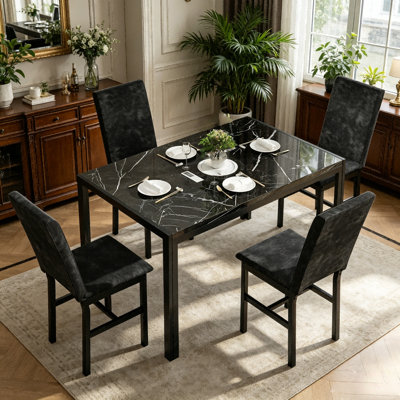 5-Piece Modern Faux Marble Dining Table Set with 4 Upholstered Chairs, Rectangular Kitchen Dining Set with Metal Frame, Small Space Breakfast Furniture