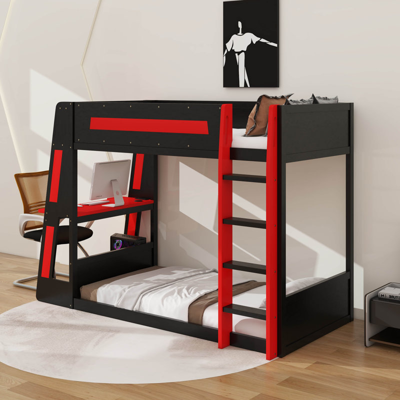 Full Size Wooden Gaming Bunk Bed With Desk,Shelves,USB And LED Light, Full Over Full, Black/Red