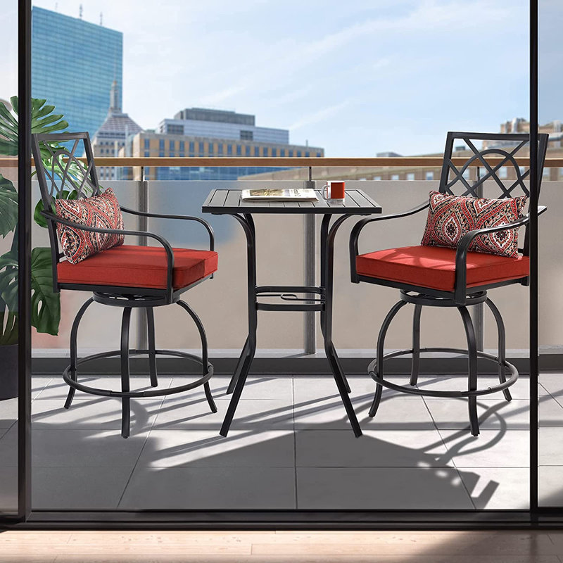 Jayc 2 - Person Square Outdoor Patio Bar Dining Sets with Cushions, Outdooor 3 Pieces Bar Height Dining Set with Swivel Chairs & Metal Slat Table