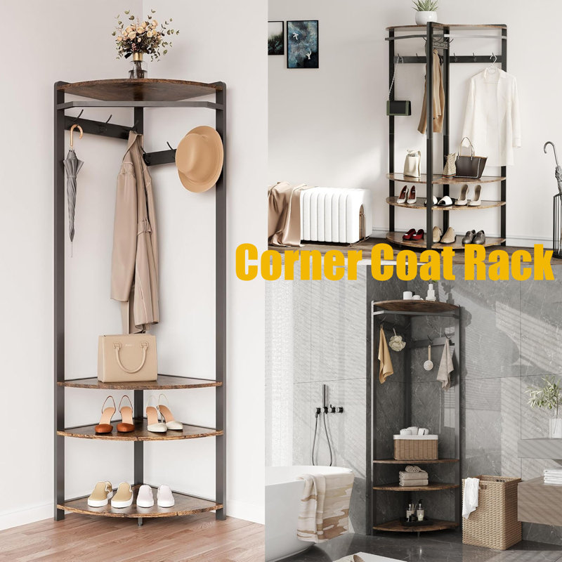 Semi-circular Corner Coat Rack Stand Hall Tree With 6 Hooks, Brown